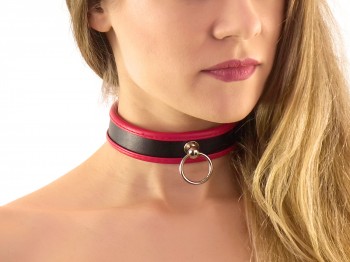 BDSM Halsband 25mm mit Ring schwarz rot