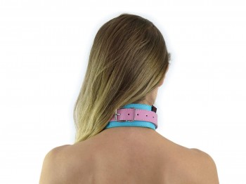 BDSM Halsband mit Leine im Kawaii Style Blau Rosa