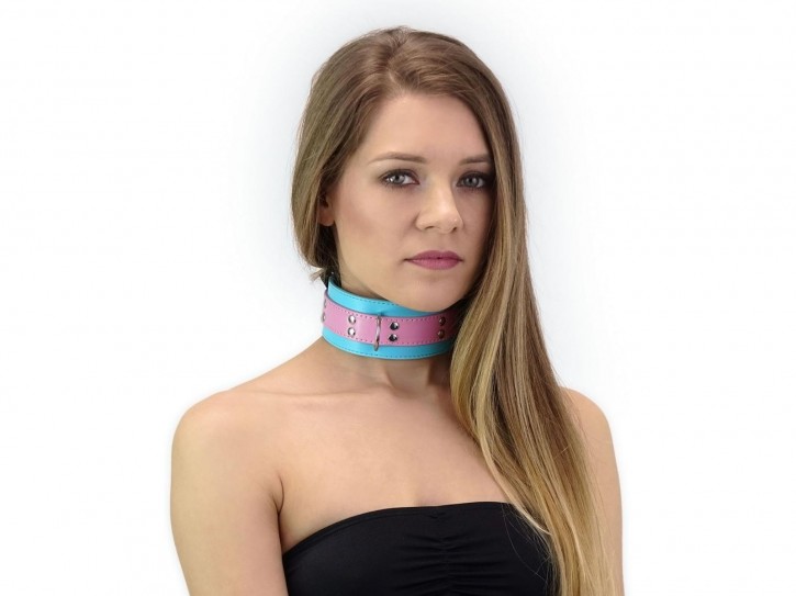 BDSM Halsband mit Leine im Kawaii Style Blau Rosa